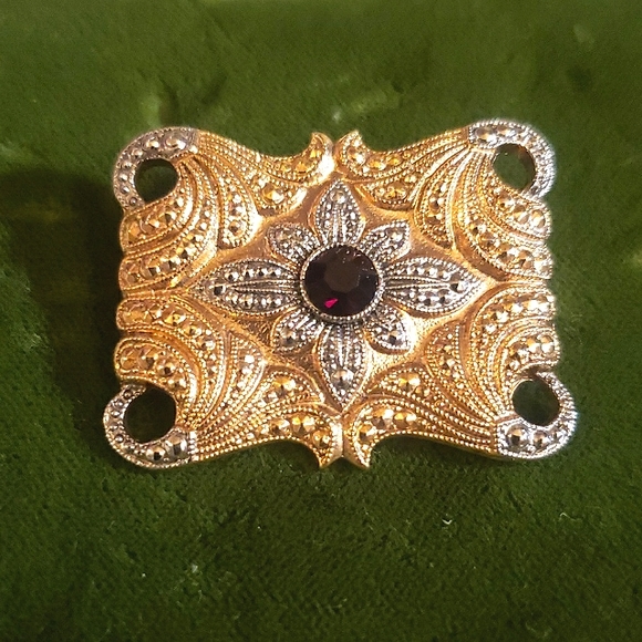 Art Nouveau Ornate Statement Sash Brooch with Ruby Red Crystal - Picture 1 of 6